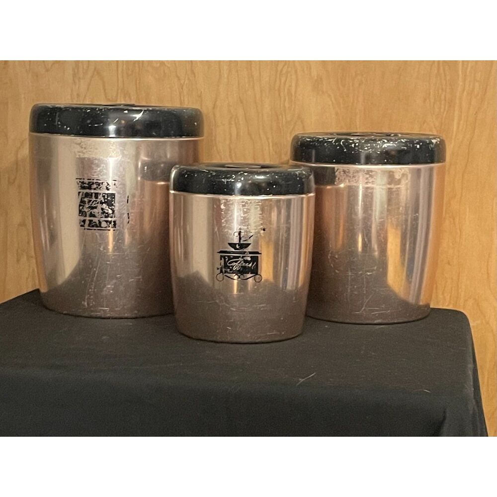 Vintage West Bend Aluminum Canister Set 3pc Black Lid Mid Century Modern